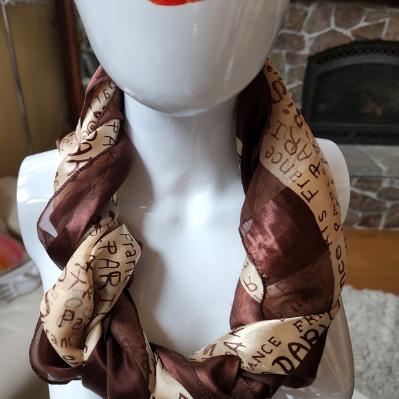 PARIS France silk scarves one brown & cream, one rose & white 39.5" sq. - Picture 5 of 13